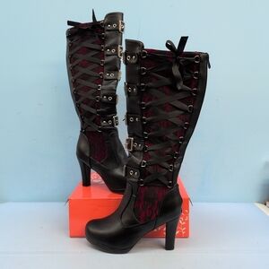 Womens Lace Goth Knee Buckle Block Lace Up Knee Length Heel Boots EUR 42.5 Black